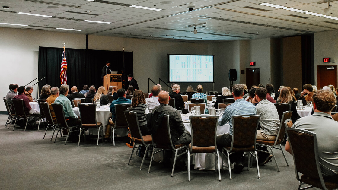 Diverse audience engaged in a formal conference presentation with speaker and visual aids.