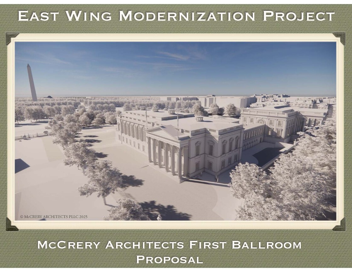 Modern ballroom design rendering in East Wing, showcasing neoclassical architecture near Washington Monument.