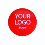Customizable red promotional button for logo display and brand awareness.