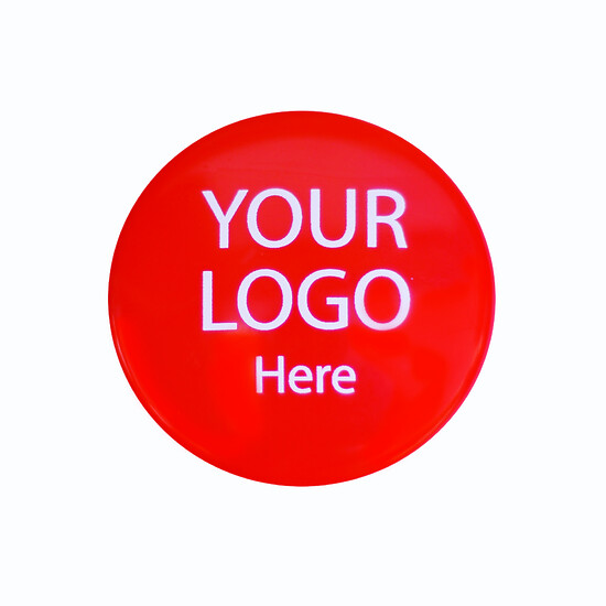 Customizable red promotional button for logo display and brand awareness.